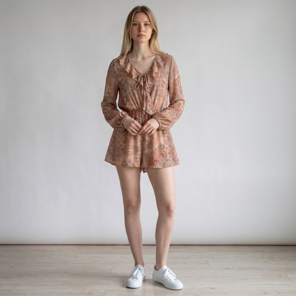 Final Touch Romper Womens L Pink Paisley‎ Floral Long Sleeve Boho Summer